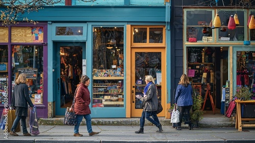 A vibrant storefront buzzes with enthusiastic shoppers and eye-catching signs showcasing local goods.