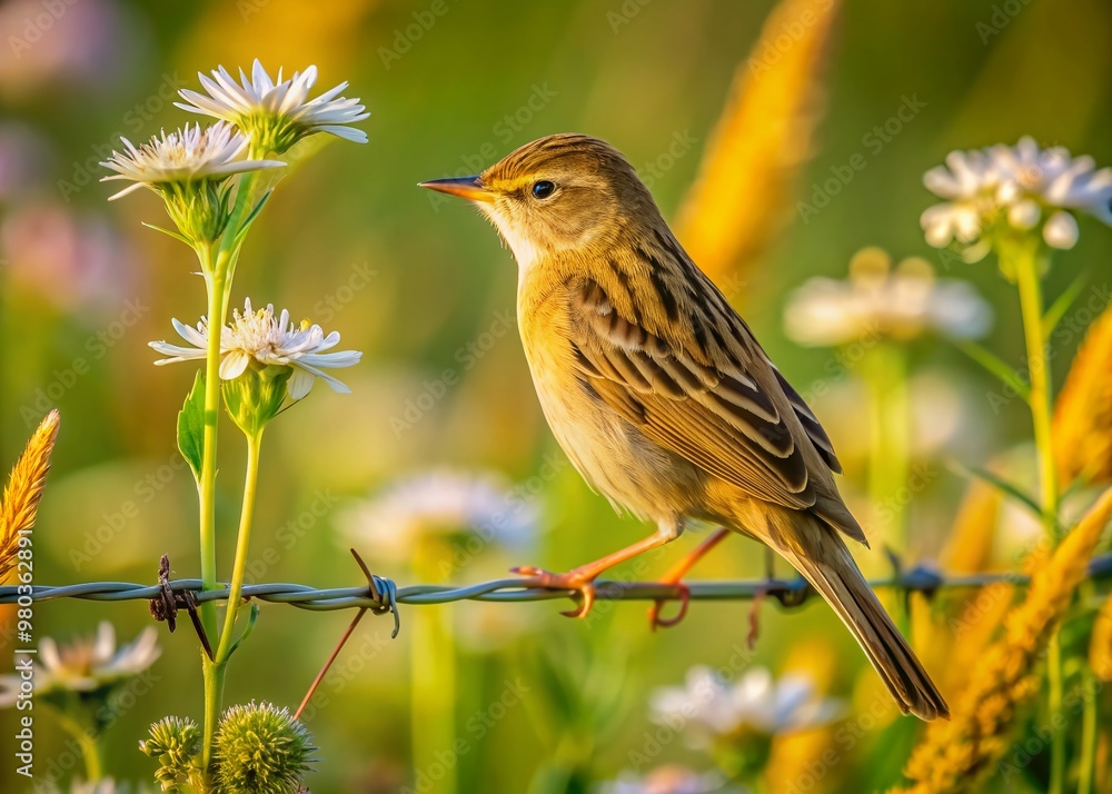 A small, secretive bird with streaked brown plumage, the grasshopper warbler perches on a wire fence amidst lush greenery and wildflowers in a serene morning scene. A small, secretive bird with streaked brown plumage, the grasshopper warbler perches on a wire fence amidst lush greenery and wildflowers in a serene morning scene.