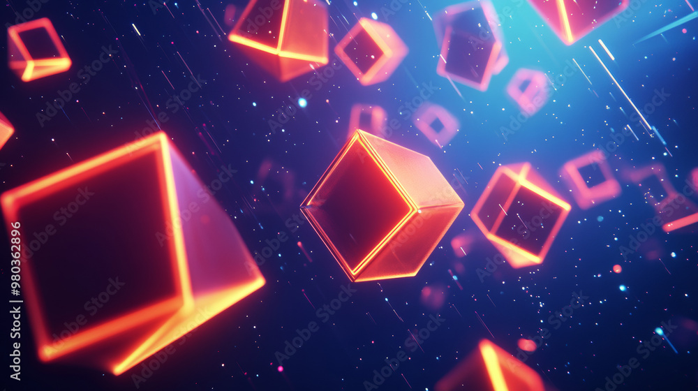 Abstract futuristic technological background featuring 3D objects in space against a dark blue backdrop. Neon glowing geometric shapes suspended in 3D space. Modern-style abstract tech banner. Abstract futuristic technological background featuring 3D objects in space against a dark blue backdrop. Neon glowing geometric shapes suspended in 3D space. Modern-style abstract tech banner.
