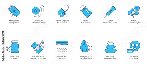 Manganese Energy Drink, Chromium Metabolism Boost, Lithium Capsule for Well-Being, Iodine Salt Shaker, Fluoride Toothpaste Tube, Boron Mineral Complex, Zeolite Detox Powder, Trace Minerals icons 