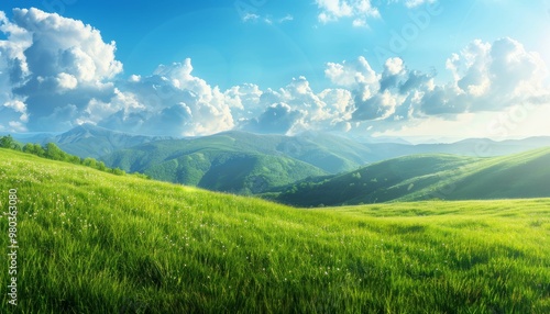 Picturesque mountain landscape with lush green hills and blooming flowers under a bright blue sky with fluffy white clouds