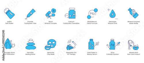 Iodine Salt, Fluoride Toothpaste, Boron Mineral Complex, Calcium Carbonate Chewable, Molybdenum Detox Formula, Electrolyte Mineral Drink, Mineral Enriched Water Bottle, Stone vector icon set