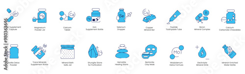 Zinc Supplement, Magnesium Powder Jar, Calcium Tablet, Iron Supplement Bottle, Selenium Dropper, Copper Mineral Bar, Fluoride Toothpaste, Boron Mineral Complex, Calcium Carbonate Chewable vector icons