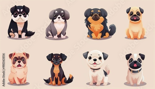 Adorable Collection of Various Cute Dog Breeds in Cartoon Style photo