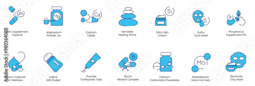 PrintZinc Supplement, Magnesium Powder Jar, Calcium Tablet, Hematite Healing Stone, Silica Skin Cream, Sulfur Face Mask, Phosphorous Supplement Pill, Lithium Capsule for Well-Being vector icon set