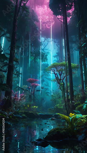 A futuristic neon rainforest with glowing trees, bioluminescent plants, and a soft mist floating through the scene, creating a mystical and otherworldly mobile wallpaper