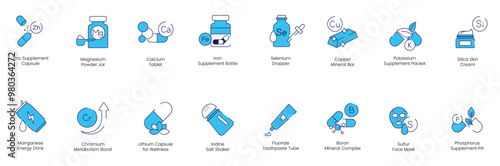 Zinc Supplement, Magnesium Powder, Calcium Tablet, Iron Supplement, Selenium Serum, Copper Mineral, Potassium Supplement, Silica Skin Cream, Manganese Energy Drink vector icon set