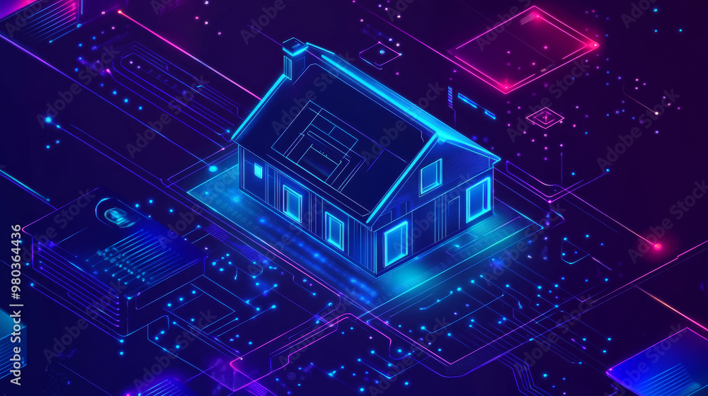 Artificial intelligence managing a smart home remotely through an app on a smartphone, displaying the house’s protection level. Vector illustration in an electronic circuit board (PCB) style. Artificial intelligence managing a smart home remotely through an app on a smartphone, displaying the house’s protection level. Vector illustration in an electronic circuit board (PCB) style.