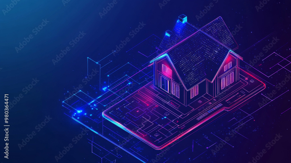 Artificial intelligence managing a smart home remotely through an app on a smartphone, displaying the house’s protection level. Vector illustration in an electronic circuit board (PCB) style. Artificial intelligence managing a smart home remotely through an app on a smartphone, displaying the house’s protection level. Vector illustration in an electronic circuit board (PCB) style.