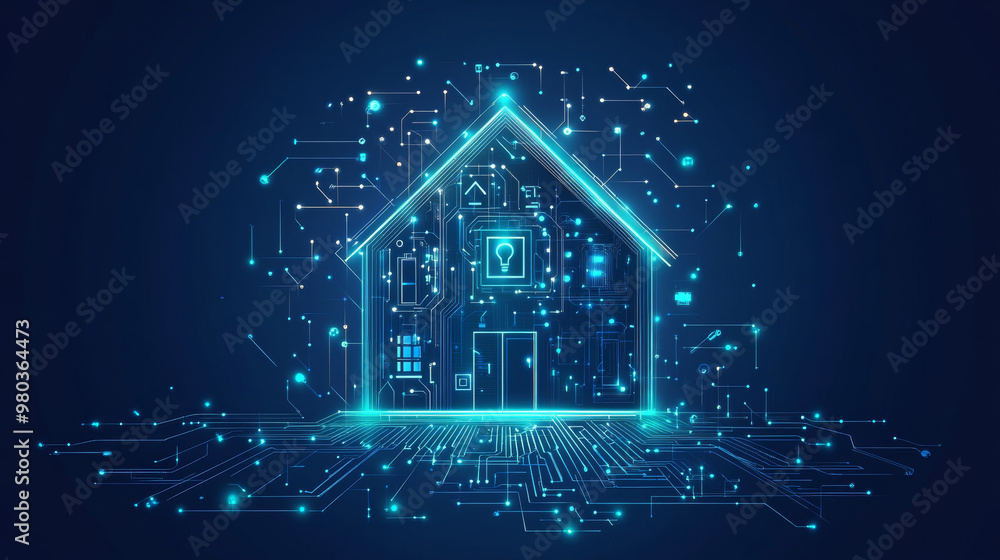 Artificial intelligence managing a smart home remotely through an app on a smartphone, displaying the house’s protection level. Vector illustration in an electronic circuit board (PCB) style. Artificial intelligence managing a smart home remotely through an app on a smartphone, displaying the house’s protection level. Vector illustration in an electronic circuit board (PCB) style.