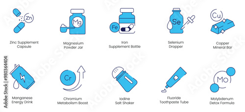 Zinc Supplement, Magnesium Powder Jar, Iron Supplement Bottle, Selenium Dropper, Copper Mineral Bar, Manganese Energy Drink, Chromium Metabolism Boost, Iodine Salt Shaker vector icon set