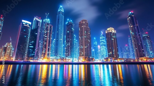 Nighttime scene of downtown Dubai UAE with glowing lights and luxurious modern buildings a top travel destination