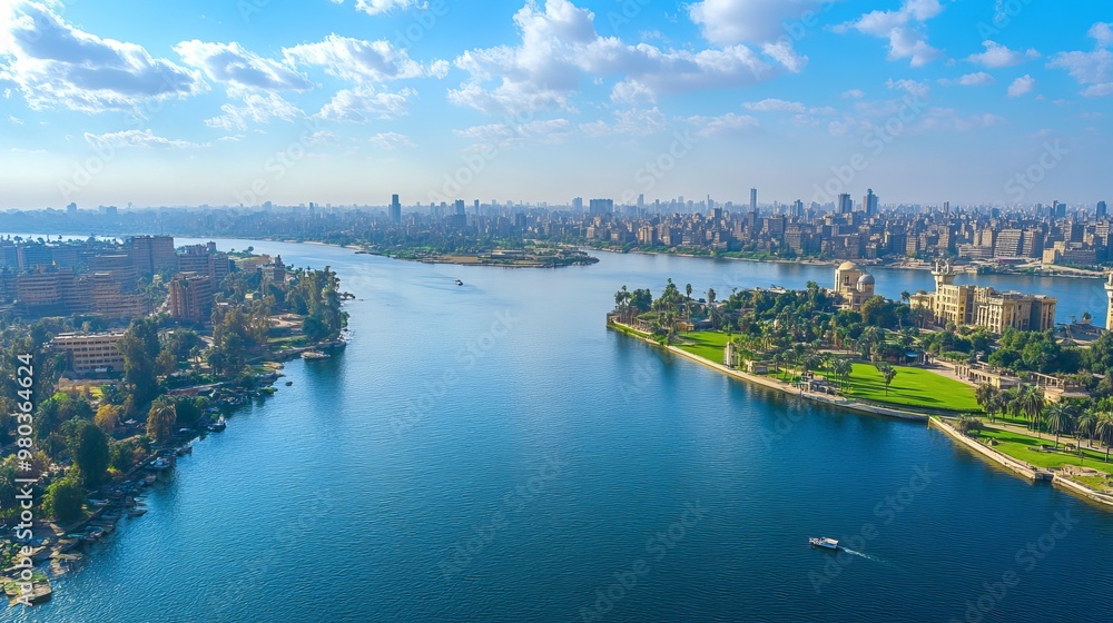Obraz premium Panoramic aerial view of the Nile River and Gezira Island in Cairo Egypt