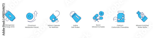 Manganese Energy Drink, Chromium Metabolism, Lithium Capsule, Iodine Salt, Boron Mineral Capsule, Calcium Carbonate Chewable, and Mineral Enriched Water Bottle Vector Icons for Health and Wellness