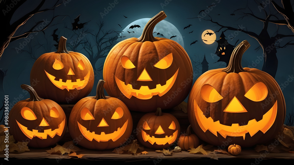 Halloween pumpkin background featuring spooky jack-o-lanterns on a black backdrop, perfect for autumn celebrations Halloween pumpkin background featuring spooky jack-o-lanterns on a black backdrop, perfect for autumn celebrations