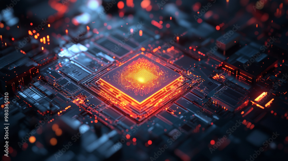 Conceptual abstraction of a quantum computer. Digital signal beam traversing a qubit within an optical CPU core.Technological background showcasing advanced hardware and quantum computing architecture Conceptual abstraction of a quantum computer. Digital signal beam traversing a qubit within an optical CPU core.Technological background showcasing advanced hardware and quantum computing architecture