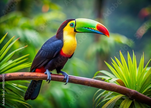 Vibrant exotic toucan with brightly colored beak and plumage perches delicately on a thin, curved branch, set against a lush green tropical forest background.