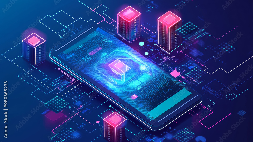 Accounting, big data, and blockchain technology presented in an isometric view. Mobile phone showcasing data visualization. Digital blocks or cubes assembling a database. Blockchain fintech and crypto Accounting, big data, and blockchain technology presented in an isometric view. Mobile phone showcasing data visualization. Digital blocks or cubes assembling a database. Blockchain fintech and crypto