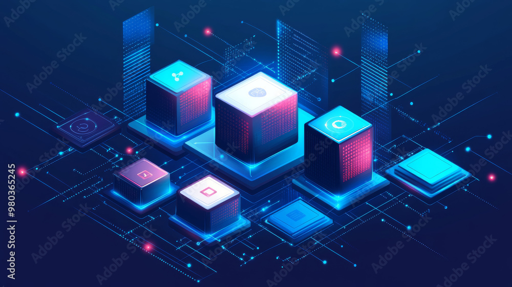 Accounting, big data, and blockchain technology presented in an isometric view. Mobile phone showcasing data visualization. Digital blocks or cubes assembling a database. Blockchain fintech and crypto Accounting, big data, and blockchain technology presented in an isometric view. Mobile phone showcasing data visualization. Digital blocks or cubes assembling a database. Blockchain fintech and crypto