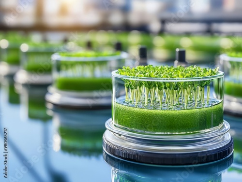 Bioengineered algae farm producing eco-friendly biofuels in a modern green facility, biotech energy, sustainable biofuel production photo