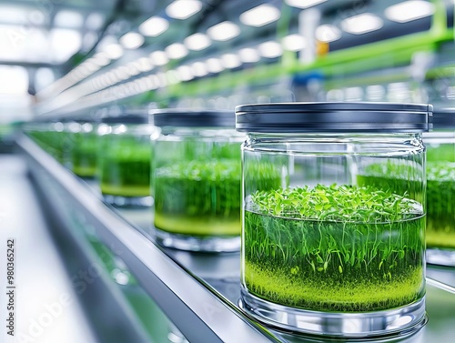 Bioengineered algae farm producing eco-friendly biofuels in a modern green facility, biotech energy, sustainable biofuel production photo