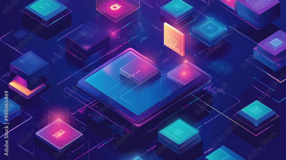 Accounting, big data, and blockchain technology presented in an isometric view. Mobile phone showcasing data visualization. Digital blocks or cubes assembling a database. Blockchain fintech and crypto Accounting, big data, and blockchain technology presented in an isometric view. Mobile phone showcasing data visualization. Digital blocks or cubes assembling a database. Blockchain fintech and crypto