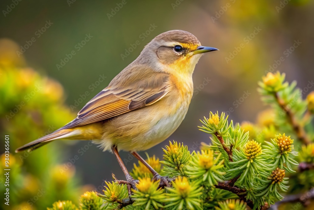 A delicate warbling willow singer perches on a prickly juniper branch, its bright yellow belly and brown back feathers contrasting with the dull green foliage background. A delicate warbling willow singer perches on a prickly juniper branch, its bright yellow belly and brown back feathers contrasting with the dull green foliage background.