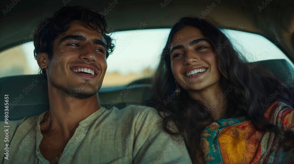 Smiling Indian Couple Sitting in Car Smiling Indian Couple Sitting in Car