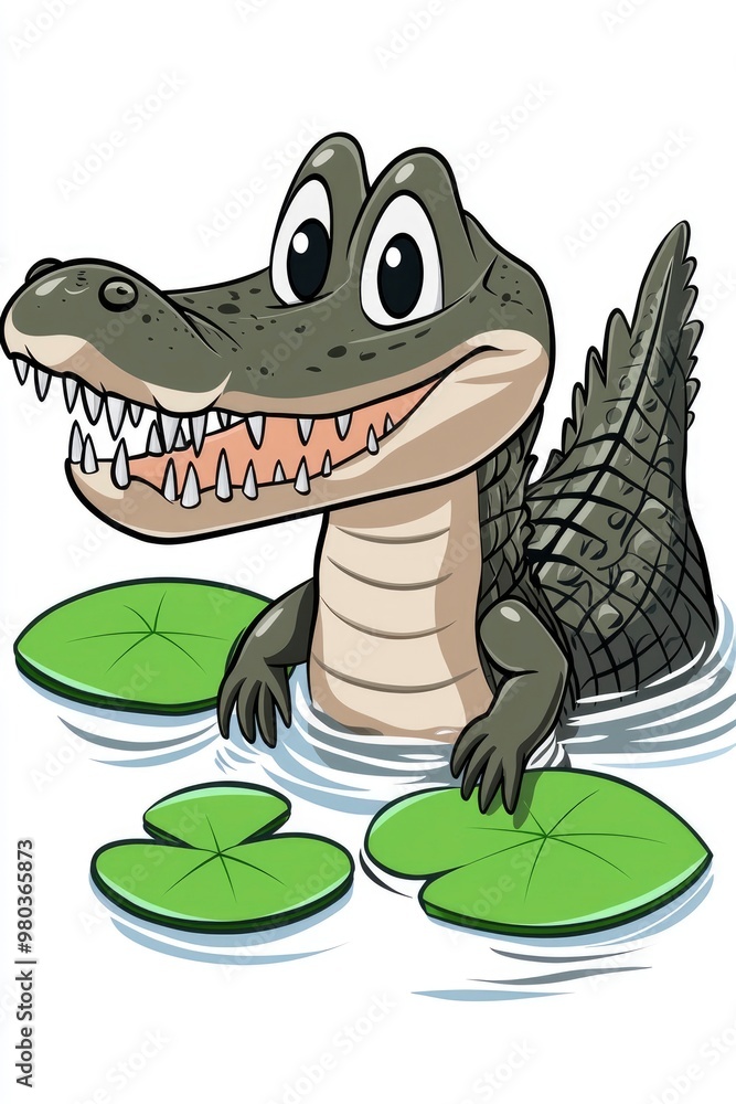 Naklejka premium Cartoon Alligator in Water with Lily Pads