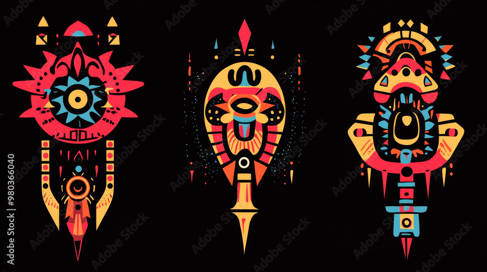 Acid Neo-tribal patterns. Abstract ethnic motifs in a gothic aesthetic. Contemporary elements for typography, tattoos, posters, streetwear, and covers. Flat vector graphic illustration. Acid Neo-tribal patterns. Abstract ethnic motifs in a gothic aesthetic. Contemporary elements for typography, tattoos, posters, streetwear, and covers. Flat vector graphic illustration.