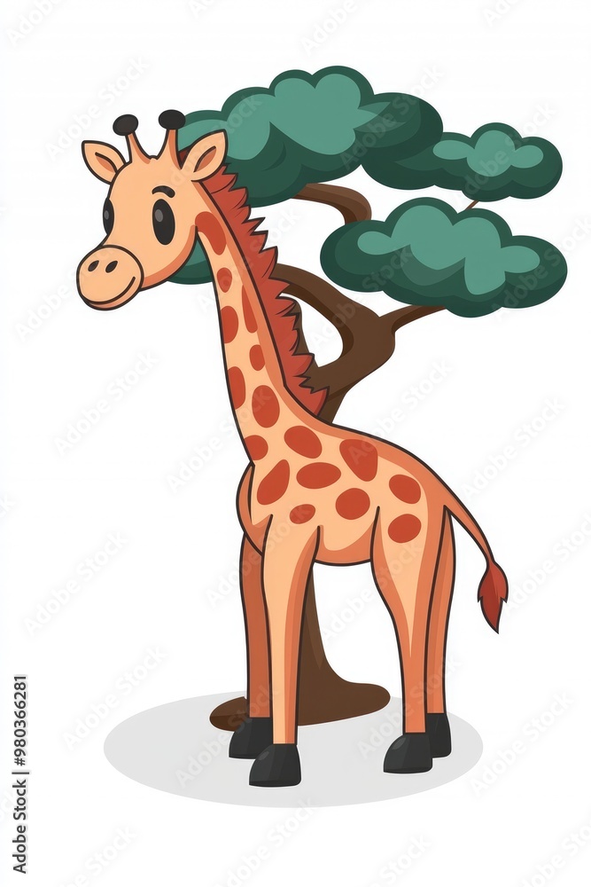 Fototapeta premium Cartoon Giraffe Illustration with Tree