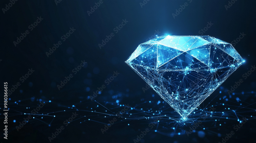 Illuminated polygonal diamond against a dark blue backdrop. A digitally rendered diamond featuring a network of interconnected points, representing complexity and connectivity. Vector illustration. Illuminated polygonal diamond against a dark blue backdrop. A digitally rendered diamond featuring a network of interconnected points, representing complexity and connectivity. Vector illustration.