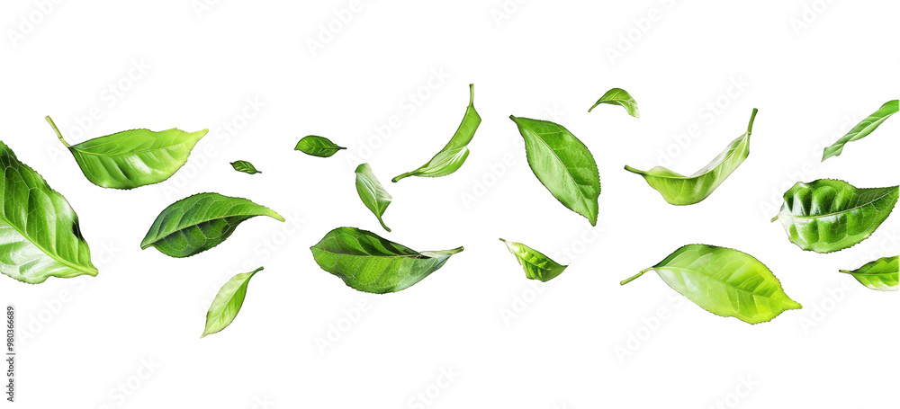Several green tea leaves floating in the air against a transparent white background Several green tea leaves floating in the air against a transparent white background