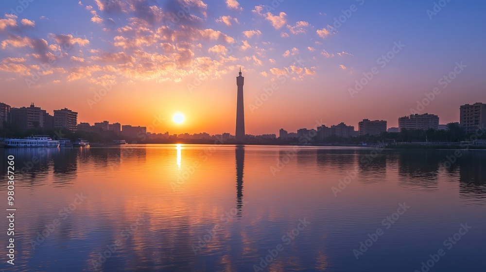 View of Cairo Tower at sunset on Gezira Island located in the Nile River Egypt View of Cairo Tower at sunset on Gezira Island located in the Nile River Egypt