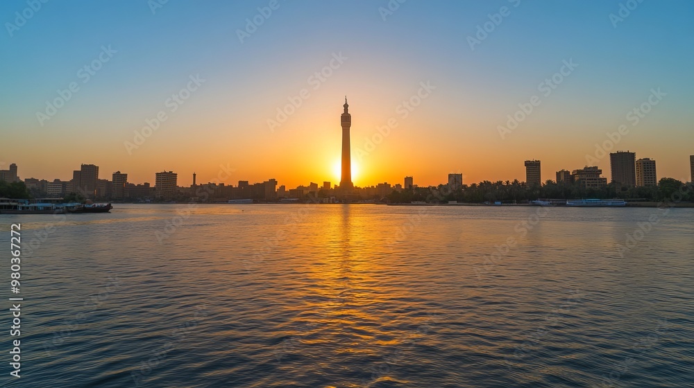 Naklejka premium View of Cairo Tower at sunset on Gezira Island located in the Nile River Egypt
