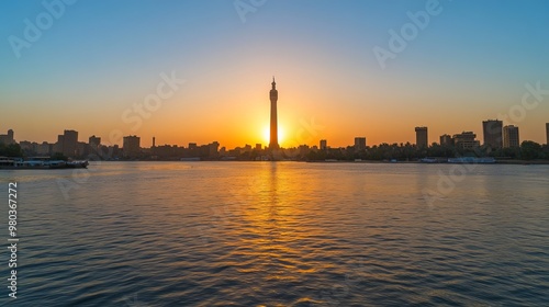 View of Cairo Tower at sunset on Gezira Island located in the Nile River Egypt