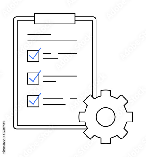 A clipboard with a checklist featuring three blue checkmarks and a cogwheel icon. Ideal for project management, productivity, planning, workflow, and settings.