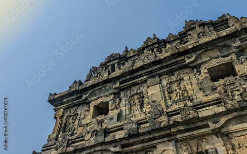 Plaosan Buddhist Temple with a copy space of bright blue sky - a relic of ancient history photo