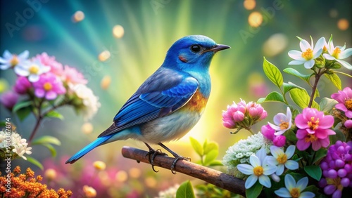 Vibrant blue bird with iridescent feathers perches on delicate, petal-soft flowers, surrounded by lush greenery, in a whimsical, dreamlike, fantastical outdoor setting.
