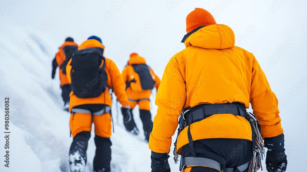 A team of climbers in bright orange gear ascends a snowy mountain, showcasing teamwork in extreme winter conditions. A team of climbers in bright orange gear ascends a snowy mountain, showcasing teamwork in extreme winter conditions.