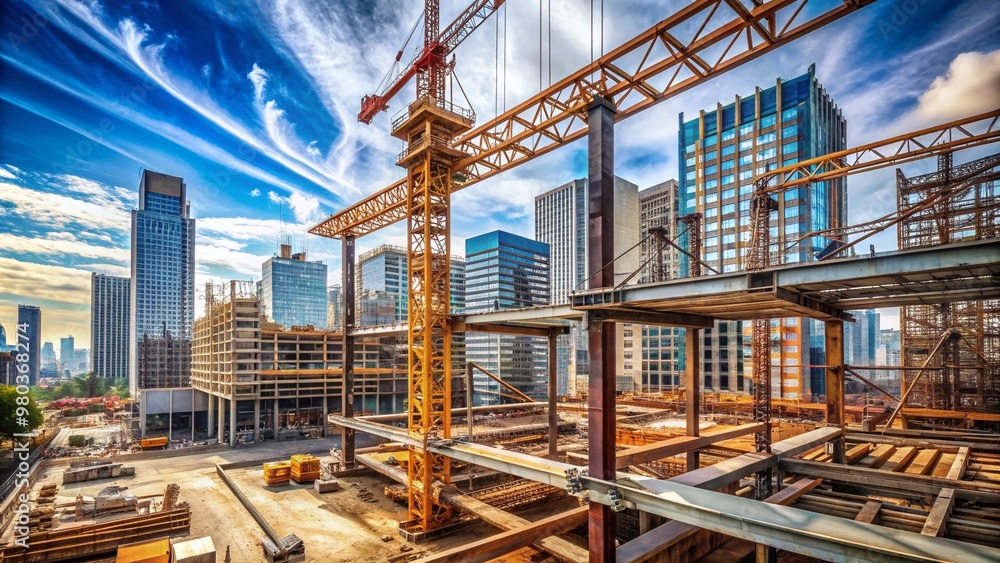 Massive metal crane towering above a sprawling urban construction site with steel beams, concrete pillars, and skeletal framework of a rising high-rise building. Massive metal crane towering above a sprawling urban construction site with steel beams, concrete pillars, and skeletal framework of a rising high-rise building.