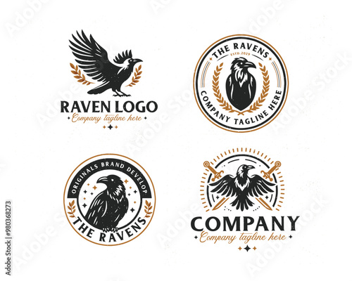 Set vintage bundle black wild raven logo design for business company