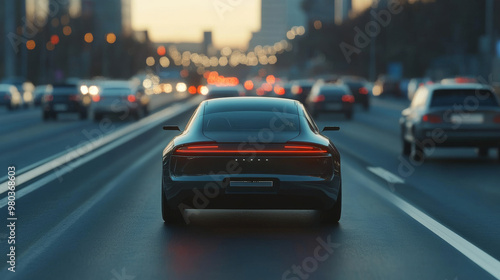 An autonomous smart car navigating on a busy road, scanning the surroundings and monitoring the distance to other vehicles. Represents a future concept of advanced automotive technology.