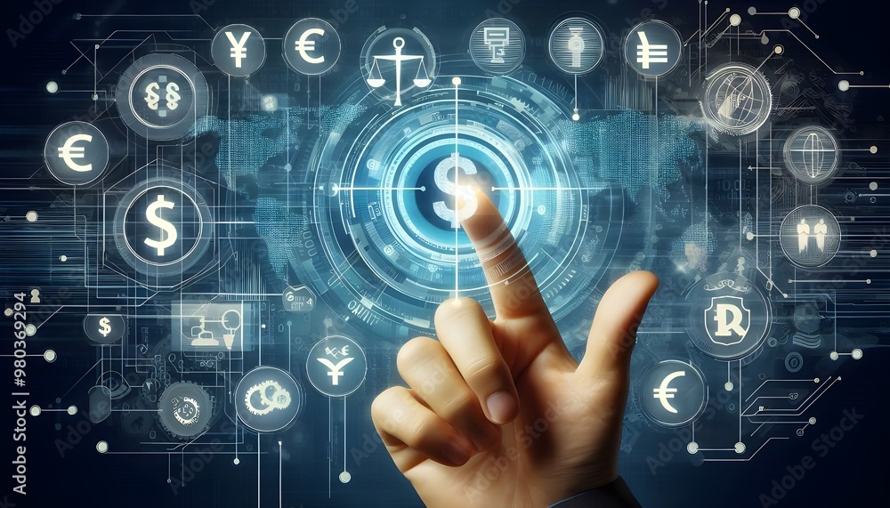 Online banking and digital money concept with man finger on virtual touch screen interface with central bank layout surrounded currency signs: dollar, euro, ruble and yen on abstract background Online banking and digital money concept with man finger on virtual touch screen interface with central bank layout surrounded currency signs: dollar, euro, ruble and yen on abstract background