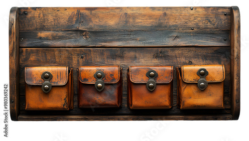 a wooden board with leather pockets