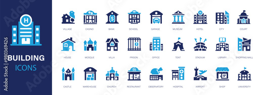 Building flat icons set. Bank, shop, office, school, hotel, church, public building icons and more signs. Flat icon collection.