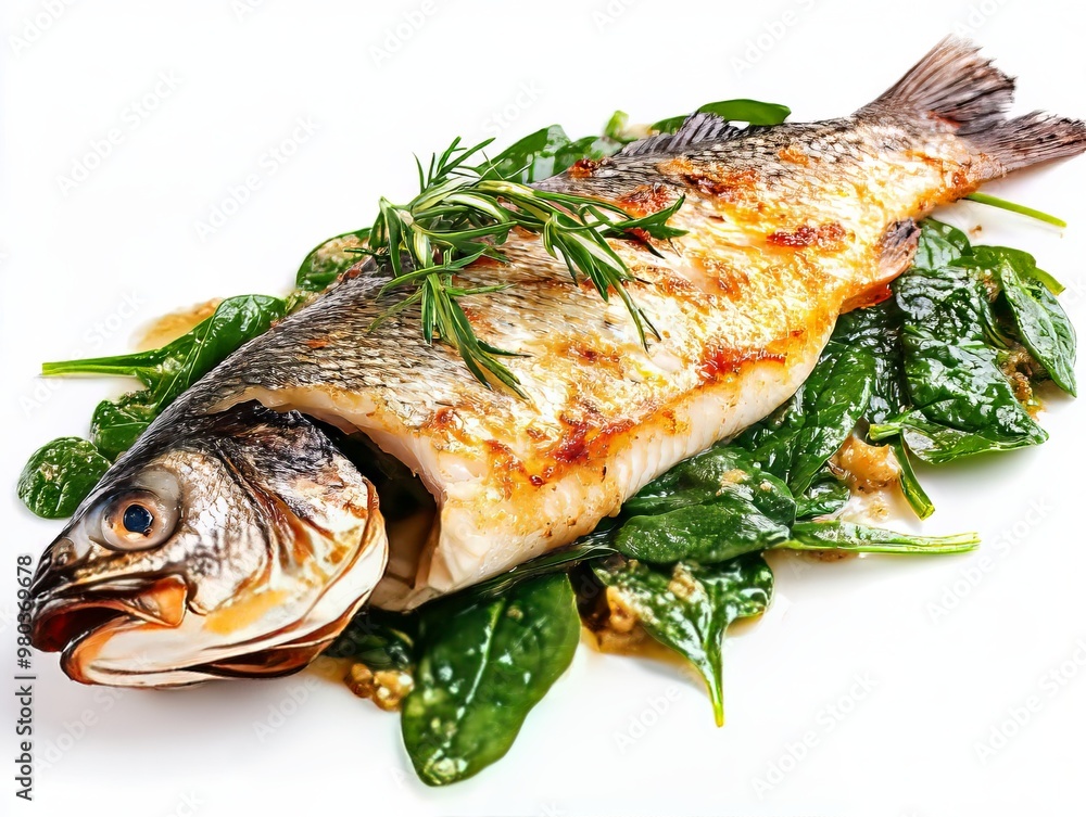Grilled Sea Bass with Vibrant Spinach Garnish Artfully Isolated on Crisp White Background for Gourmet Food Photography and Culinary Enthusiasts Seeking Seafood Perfection Grilled Sea Bass with Vibrant Spinach Garnish Artfully Isolated on Crisp White Background for Gourmet Food Photography and Culinary Enthusiasts Seeking Seafood Perfection
