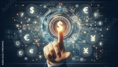 Online banking and digital money concept with man finger on virtual touch screen interface with central bank layout surrounded currency signs: dollar, euro, ruble and yen on abstract background