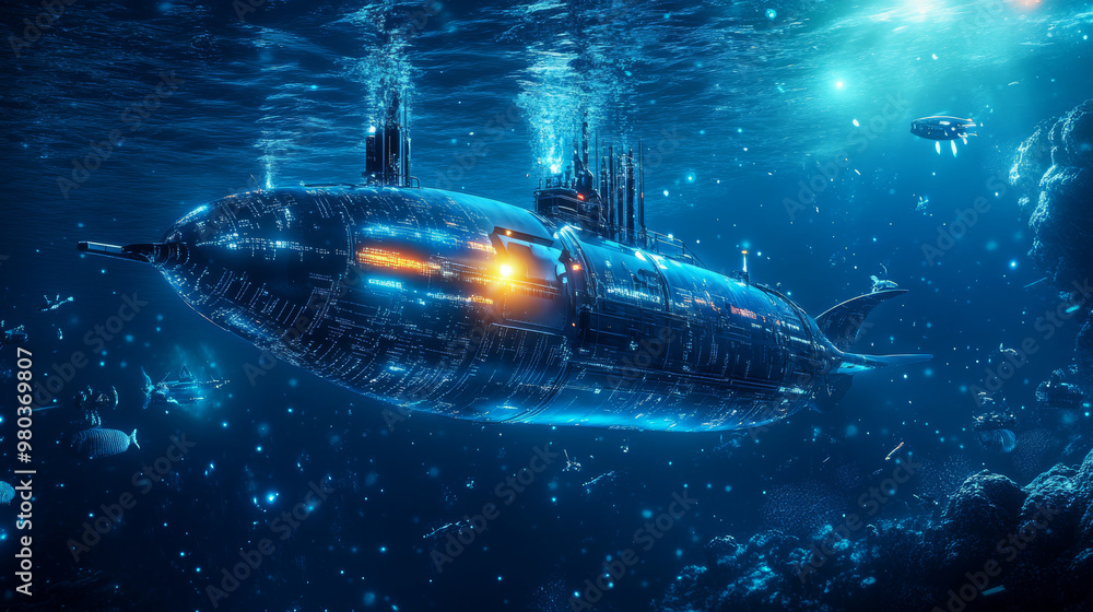 AI deep learning design concept. Artificial brain resembling a submarine navigating underwater depths and exploring technology space. Suitable for a banner background or as part of web design. AI deep learning design concept. Artificial brain resembling a submarine navigating underwater depths and exploring technology space. Suitable for a banner background or as part of web design.