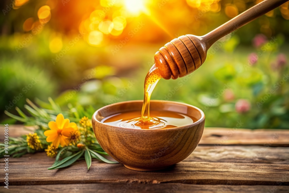 Golden honey flows smoothly from a rustic wooden dipper into a worn ceramic bowl, surrounded by a warm and inviting natural background. Golden honey flows smoothly from a rustic wooden dipper into a worn ceramic bowl, surrounded by a warm and inviting natural background.
